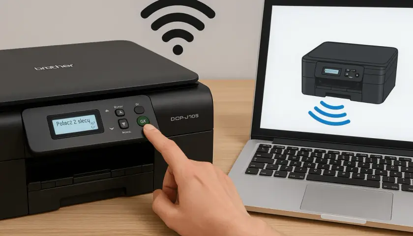 Ręka naciska przycisk na drukarce Brother, pokazując, jak znaleźć drukarkę w sieci Wi-Fi. Laptop obok wyświetla ikonę drukarki z falami Wi-Fi.