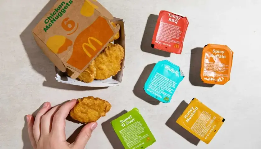Ręka sięga po McNuggetsy z pudełka McDonald's, obok sosy: Tangy BBQ, Spicy Buffalo, Ranch, Sweet 'N Sour i Honey Mustard.
