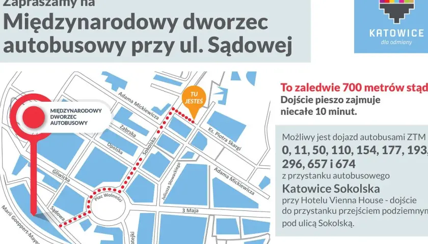 Mapa pokazuje, jak dojechać z dworca w Katowicach na Medyków. Dworzec autobusowy przy ul. Sądowej jest oddalony o 700 metrów.