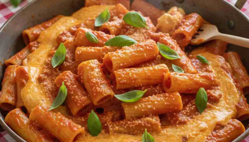 Paccheri alla Vittorio, un piatto ricco e cremoso, condito con un sugo rosso e guarnito con foglie di basilico fresco.