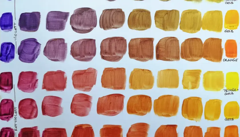 Farbstudie: Lila und Gelb mischen sich zu warmen Erdtönen und leuchtenden Orangetönen.