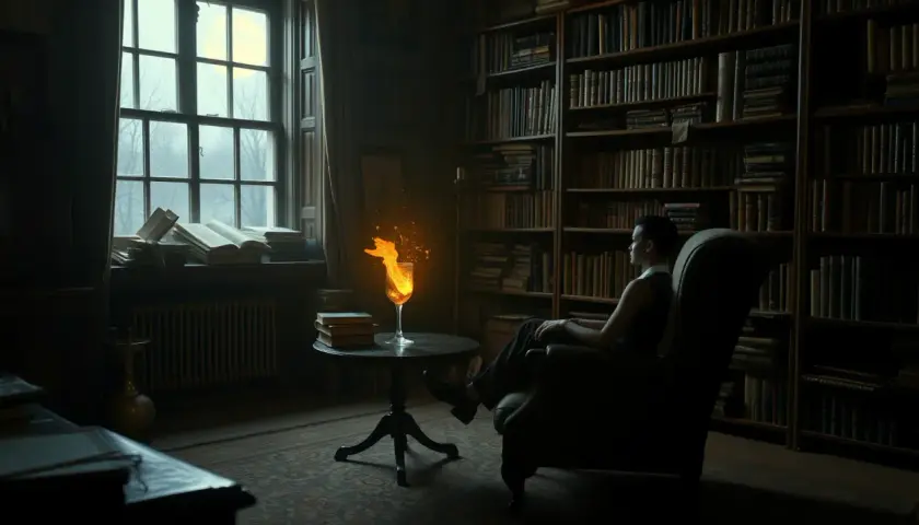 Mężczyzna w fotelu w bibliotece, obok płonący kieliszek. Sen o chorobie ojca, niepokój.