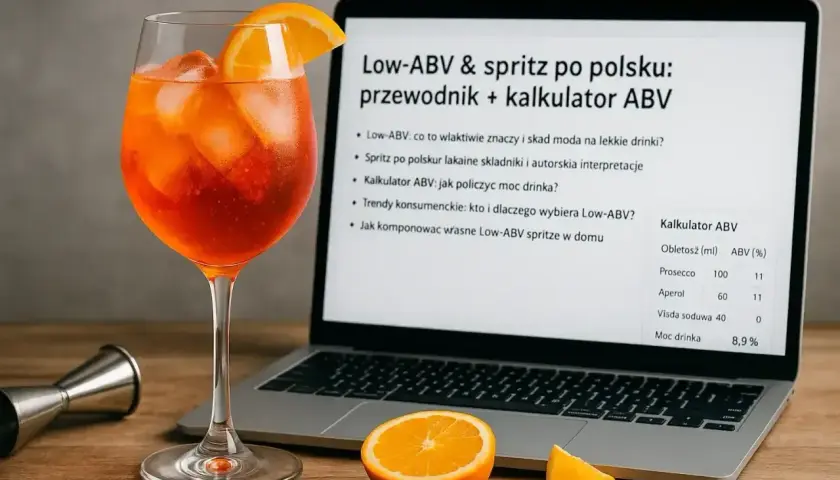 Aperol ma 11% alkoholu. Na ekranie laptopa widać kalkulator ABV, który pokazuje składniki drinków i ich procentową zawartość alkoholu.