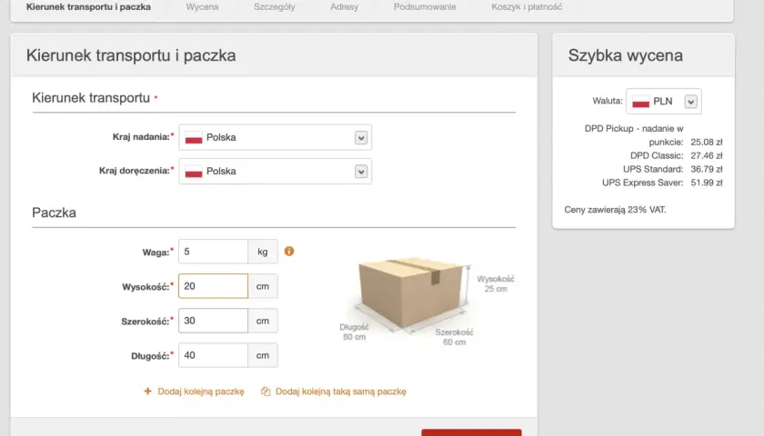 Formularz zamówienia przesyłki z opcją wysyłka za pobraniem poczta polska. Wpisz wymiary paczki i wybierz kraj nadania/doręczenia.