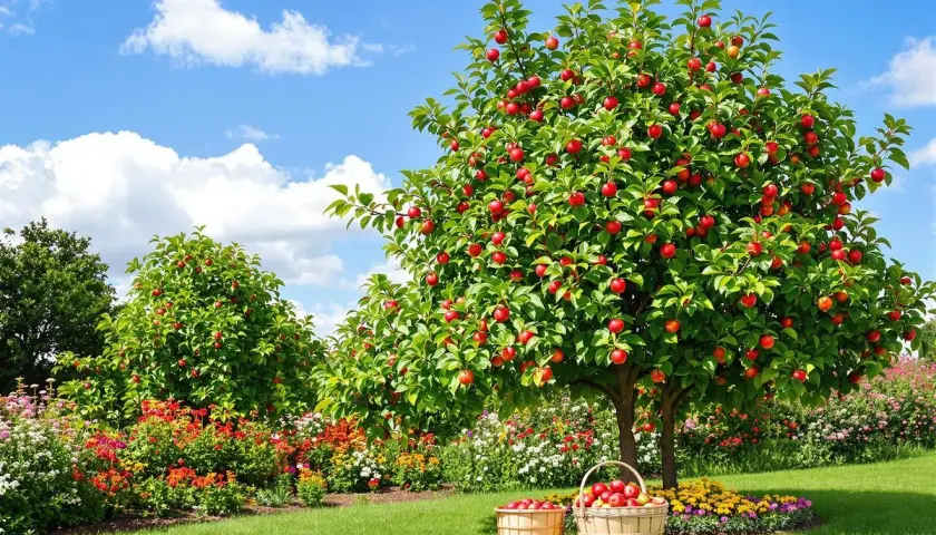 Un pommier chargé de fruits rouges. Combien de temps pour avoir des fruits ? Ce pommier semble prêt à être récolté.