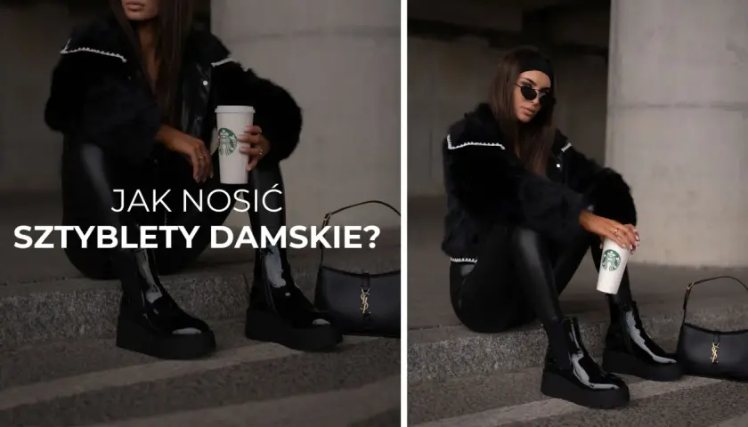 Elegancka kobieta w czarnym futrze i skórzanych legginsach pokazuje, jak nosić sztyblety damskie. Stylizacja z torebką i kawą.