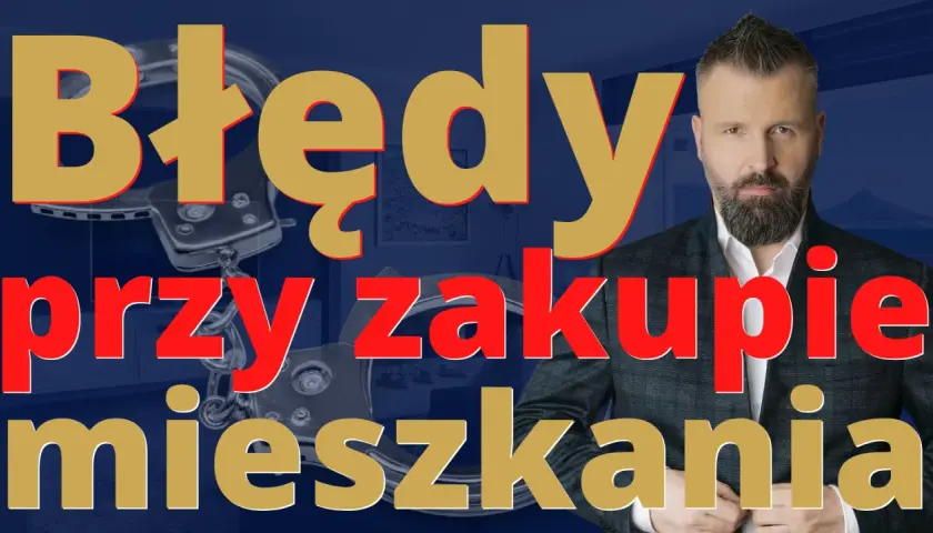 Mężczyzna w garniturze i kajdanki na tle wnętrza. Dowiedz się, na co zwrócić uwagę przy kupnie mieszkania, by uniknąć błędów.