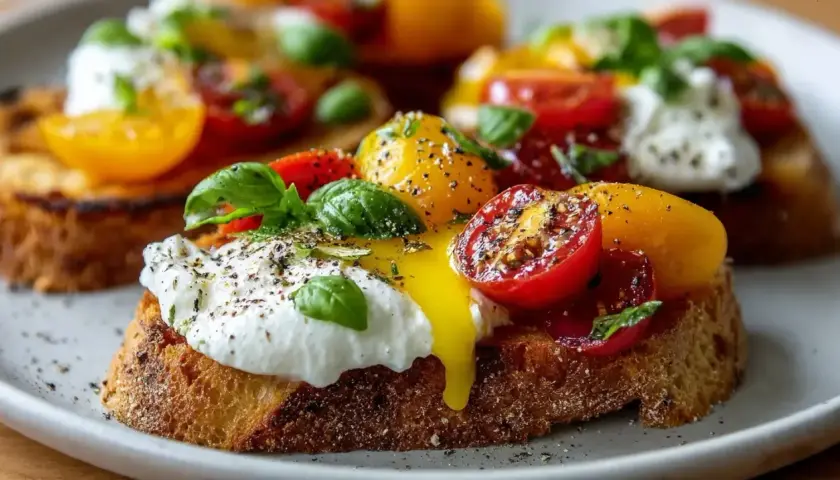 Köstliche Crostini Variationen mit Burrata, Kirschtomaten und frischem Basilikum, bestreut mit Pfeffer und Kräutern.