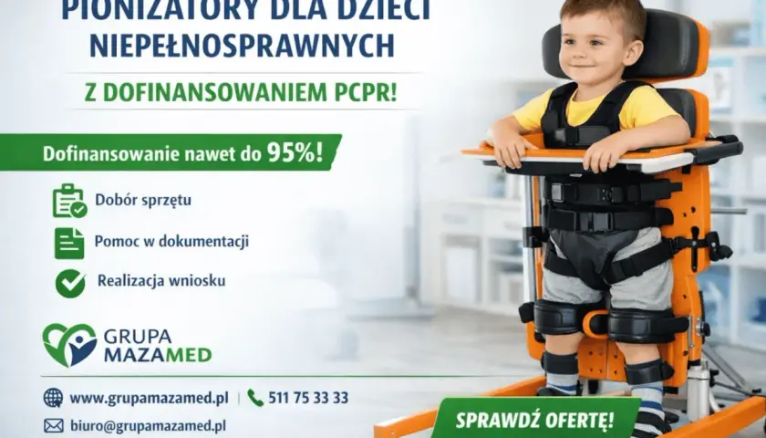 Uśmiechnięty chłopiec w pionizatorze. Oferujemy pionizatory dla niepełnosprawnych z dofinansowaniem do 95%!