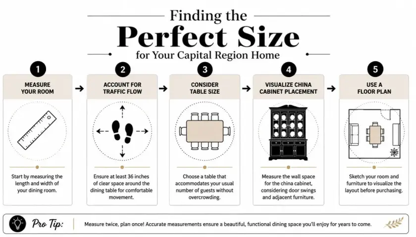 Infographic on finding the perfect size for dining room furniture, including steps like measuring, traffic flow, and considering table size.