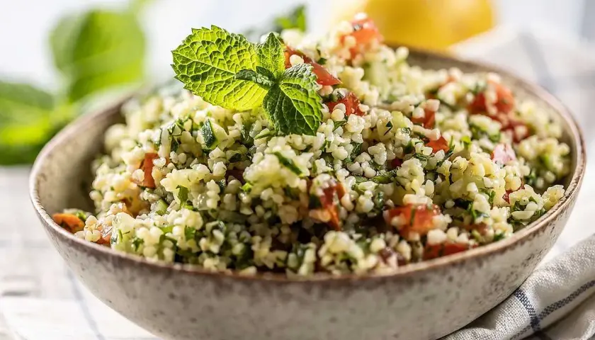 En skål med tabbouleh, en fräsch sallad där man kan koka bulgur med tomat, persilja och mynta. En citron syns i bakgrunden.