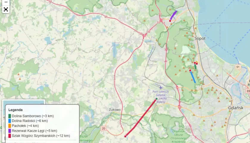 Mapa z zaznaczonymi trasami do biegania w okolicach Trójmiasta. Widać fragmenty Doliny Samborowo, Doliny Radości, Pachołka, Rezerwatu Kacze Łęgi i Szlaku Wzgórz Szymbarskich.