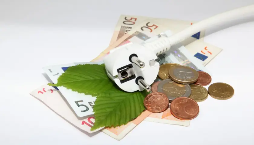 Wtyczka elektryczna na banknotach i monetach, symbolizująca dopłaty do prądu i koszty energii. Dwa zielone liście dodają ekologiczny akcent.