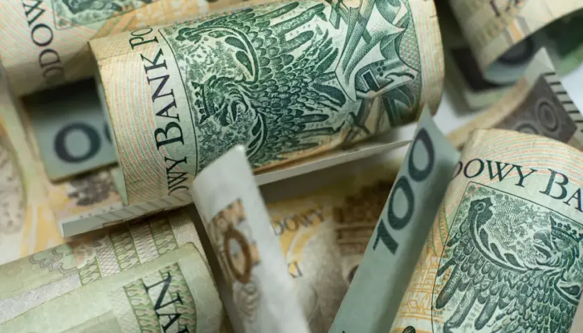 Zwijane banknoty 100 zł, czyli kosiniakowe, tworzą stos. Widoczny orzeł i napis Narodowy Bank Polski.