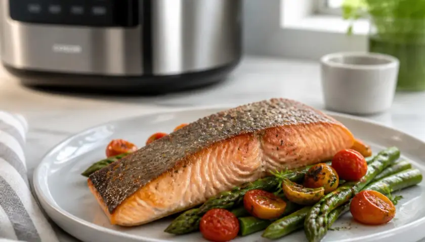 Un délicieux saumon au air fryer, servi avec des asperges et des tomates cerises. Un repas sain et savoureux.