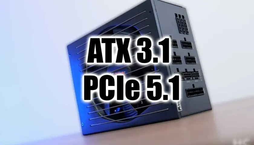 Alimentation PC noire avec texte "ATX 3.1 PCIe 5.1" superposé.