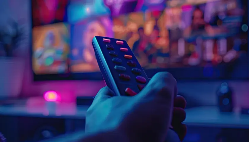 Dłoń trzymająca pilot, gotowa do działania. Dowiedz się, jak wyszukać kanały w telewizorze, by odkryć nowe treści.