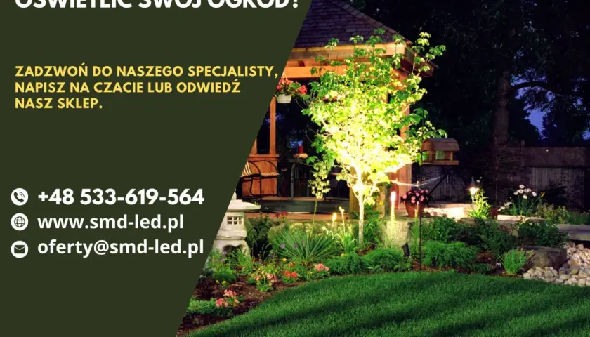 Pięknie oświetlony ogród nocą. Szukasz idealnej lampy do oświetlenia podwórka? Skontaktuj się z nami!