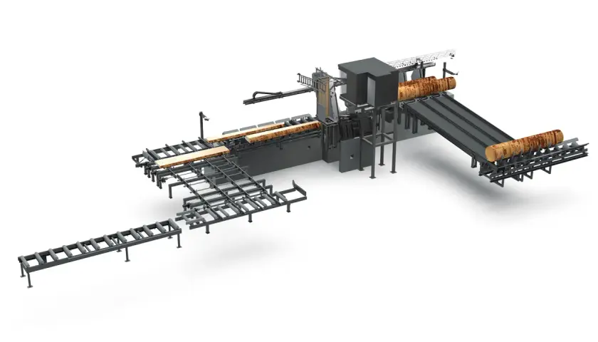 Moderne Blockbandsäge mit automatischem Stammtransport und Bretterförderung. Effiziente Holzverarbeitung.