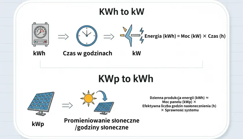 Wykres wyjaśnia zależności między jednostkami mocy: kWh do kW (energia = moc × czas) i kWp do kWh (produkcja energii zależy od mocy panelu, nasłonecznienia i sprawności).