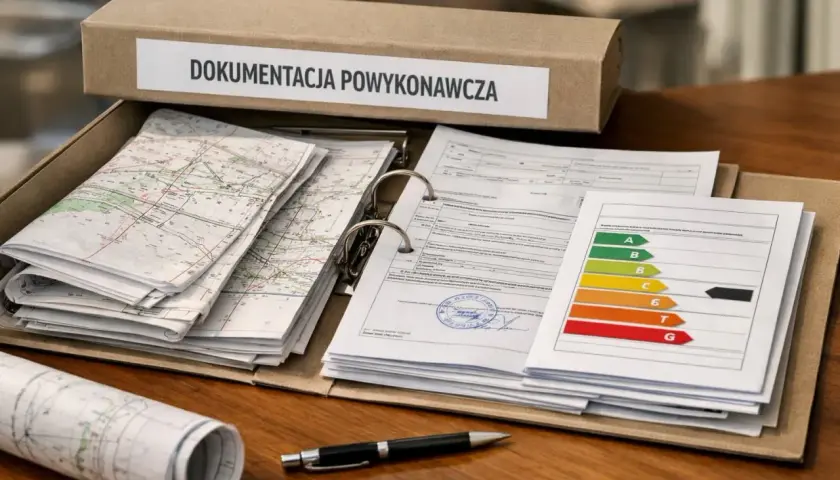 Segregator z dokumentacją powykonawczą zawiera mapy, raporty i etykietę energetyczną.