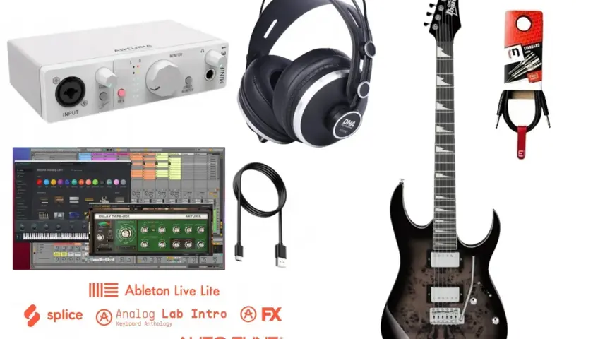 Gitara elektryczna, słuchawki, interfejs audio, kable i oprogramowanie muzyczne.