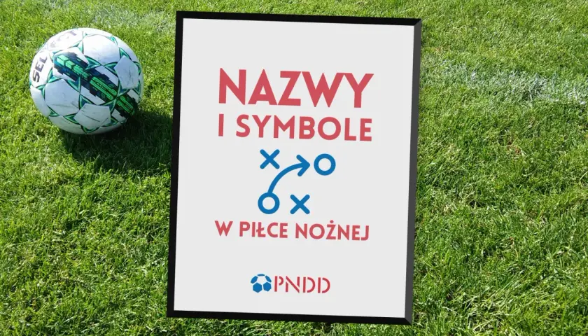 Piłka nożna i tablica z hasłem "NAZWY I SYMBOLE W PIŁCE NOŻNEJ". Fff co to za gra?