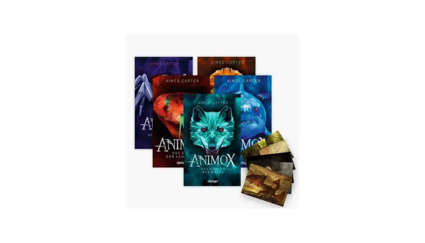 Die Animox Reihenfolge: Fünf Buchcover mit Tieren wie Wolf, Hai und Schlange, plus einige Postkarten mit Fantasy-Motiven.