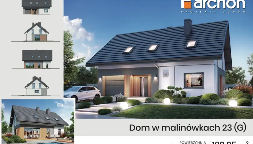 Projekt domu "Dom w malinówkach 23 (G)" o powierzchni 120,05 m². Poznaj, ile realnie kosztuje budowa domu.
