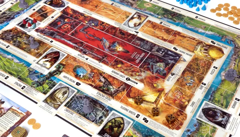 Plansza gry planszowej Talisman z kartami postaci, kostkami i żetonami.
