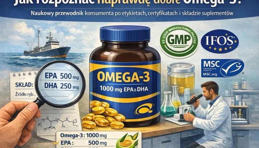 Przewodnik po dobrych kwasach omega-3: lupa pokazuje EPA 500 mg, DHA 250 mg. W tle statek rybacki i laboratorium.