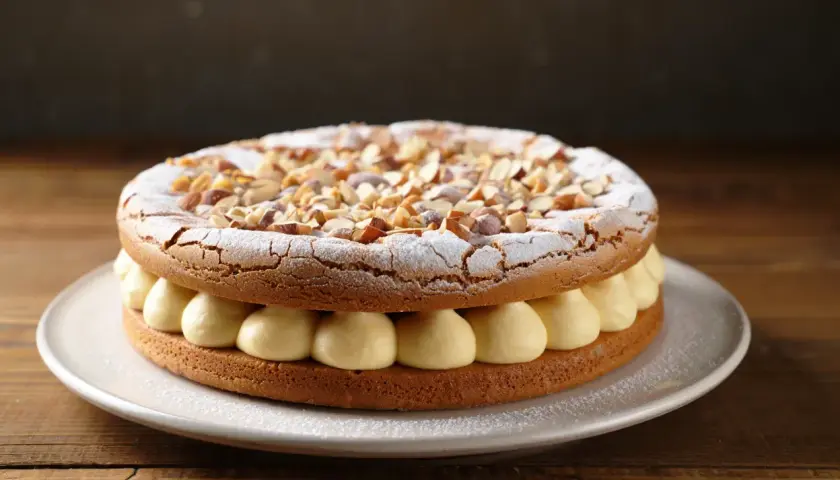 Dacquoise aux amandes et crème pâtissière. On peut faire une dacquoise la veille, elle sera parfaite pour ce gâteau !