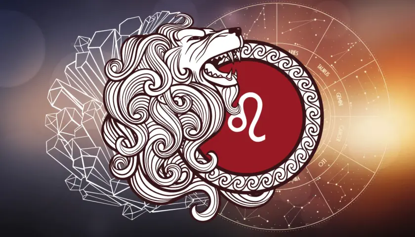 Lew, 15 sierpnia znak zodiaku, symbolizuje siłę i odwagę. Stylizowany lew z grzywą i symbolem Lwa na tle zodiaku.