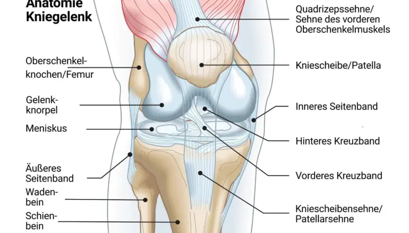 Anatomische Darstellung des Kniegelenks mit Knochen, Bändern und Muskeln. Ein steifes Knie kann viele Ursachen haben, wie hier abgebildet.