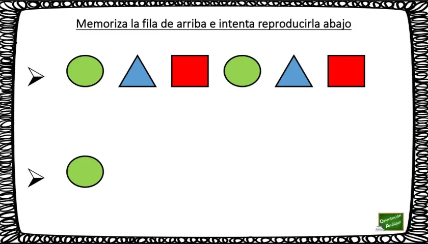 Fila de figuras geométricas: círculo verde, triángulo azul, cuadrado rojo, círculo verde, triángulo azul, cuadrado rojo. Abajo, un círculo verde.
