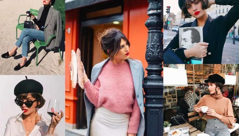 Kobiety w paryskich sceneriach, uosabiające szykowną moda francuska. Berety, stylowe płaszcze i bagietki tworzą niepowtarzalny klimat.