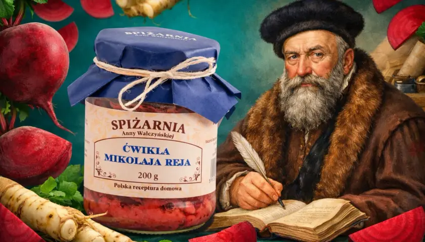 Słoik ćwikły z chrzanem, obok buraki i chrzan. Postać historyczna pisze piórem, jakby tworząc przepis na tę pyszną potrawę.