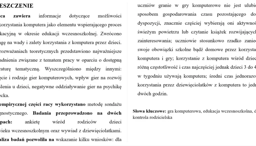 Streszczenie pracy o grach komputerowych i edukacji wczesnoszkolnej. Jak napisać streszczenie? Analiza wpływu gier na dzieci, ich częstotliwość i czas korzystania.