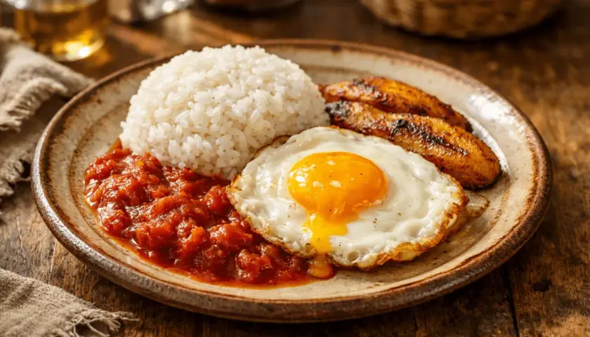 Un plato de arroz a la cubana con huevo frito, plátanos maduros fritos y salsa de tomate.