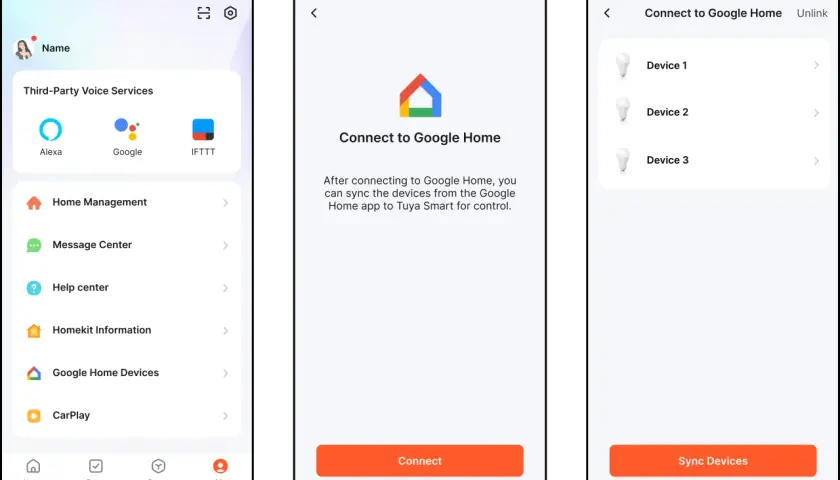 Aplikacja Tuya po polsku pozwala na połączenie z Google Home. Zobaczysz tu listę urządzeń do zsynchronizowania.