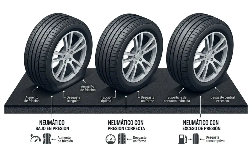 Ilustración compara neumáticos con baja, correcta y alta presión. Muestra cómo la presión afecta el desgaste y la tracción. La presión correcta es clave.