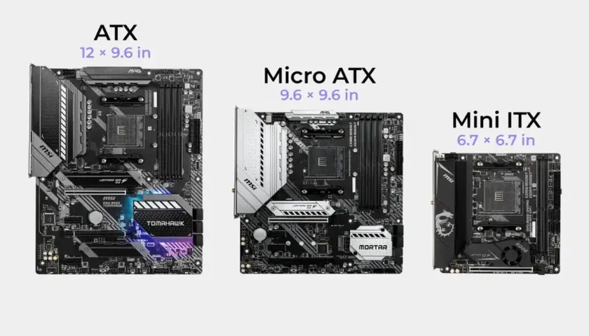 Tres placas base MSI de diferentes tamaños: ATX, Micro ATX y Mini ITX. Cada una es un componente esencial que define qué es la placa base.