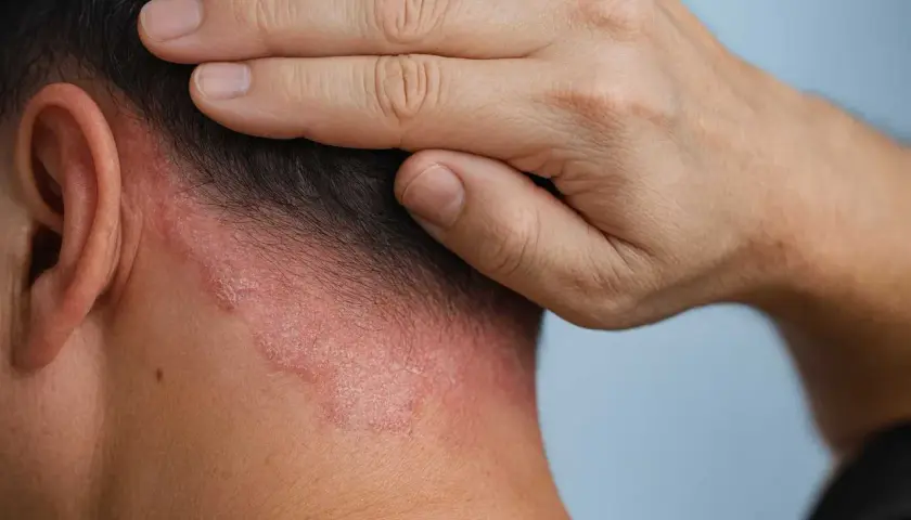 Nära bild på en person som kliar sig i hårbotten där det syns röda, fjällande utslag som kan vara svamp eller psoriasis.
