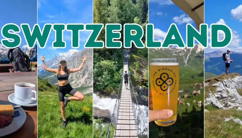 Switzerland collage: coffee & cake, hiker posing, suspension bridge, beer, and mountain vista. Wondering hoeveel km per uur wandel je?