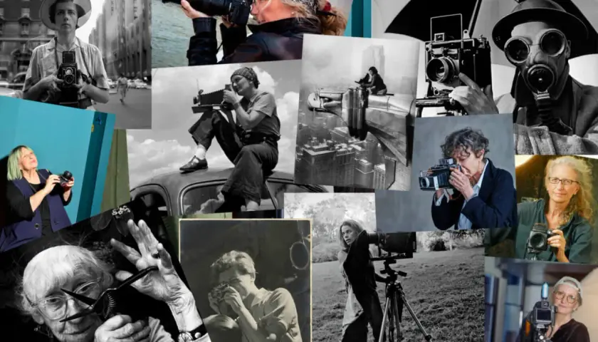 Collage di fotografe donne famose con macchine fotografiche d'epoca e moderne.