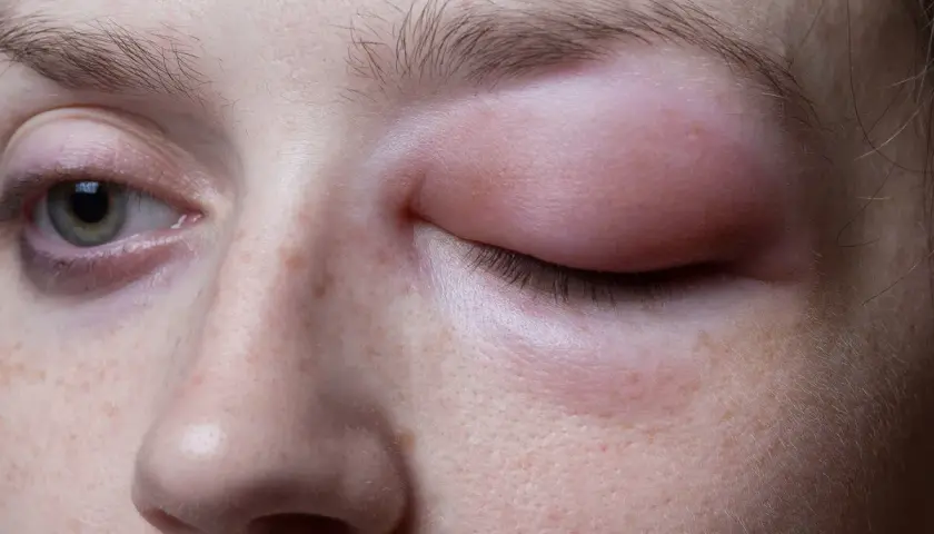 Ojo hinchado y enrojecido, con la piel irritada, como si tuviera hongos en la cara.