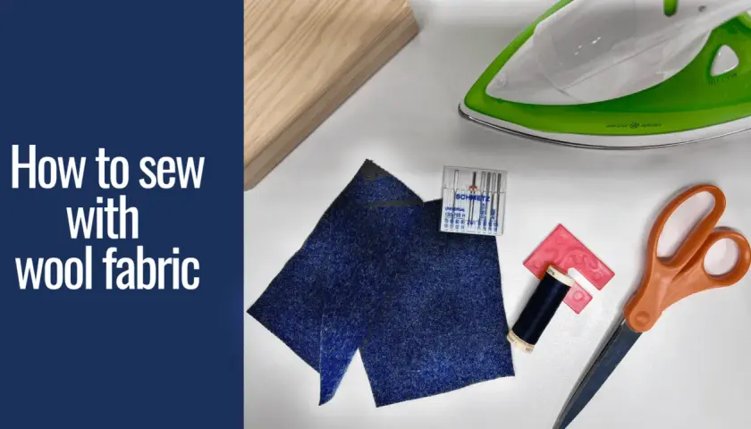 Gather supplies to learn how to sew wool fabric: dark blue wool scraps, thread, needles, scissors, an iron, and a wooden block.