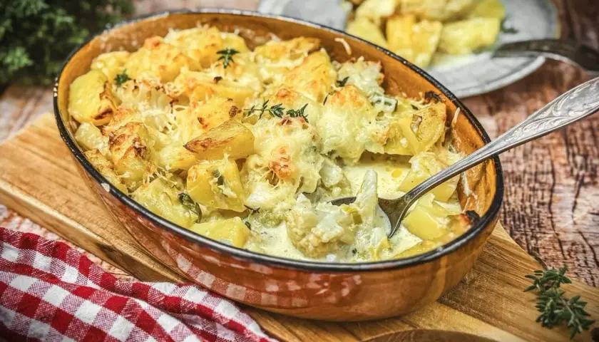 Herzhafter blumenkohl auflauf mit Kartoffeln und Käse überbacken, dampfend in einer Auflaufform.