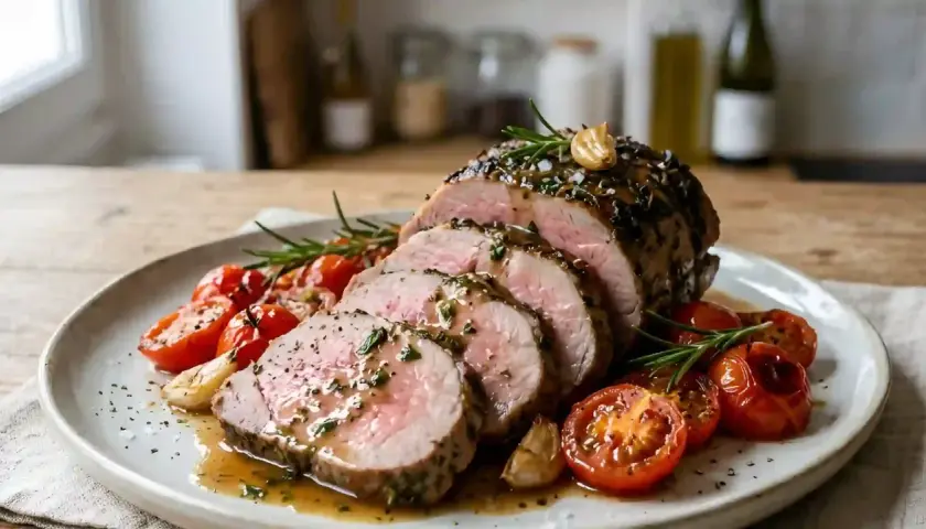 Un rôti de veau tendre, tranché et nappé d'une sauce savoureuse, accompagné de tomates cerises rôties et d'ail. Une délicieuse veau recette italienne.