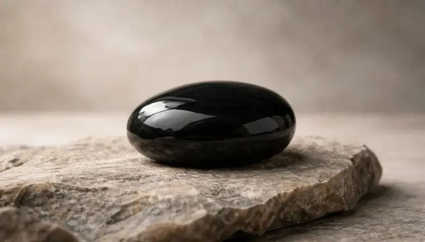 Glatter, schwarzer Obsidian-Stein auf grobem Fels. Seine tiefe Farbe symbolisiert Schutz und Transformation, die Obsidian Bedeutung.